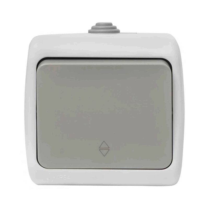 Выключатель одноклавишный EKF PROxima Мурманск проходной открытой установки, номинальный ток - 10 А, степень защиты IP54, цвет - серый EFV10-025-30-54